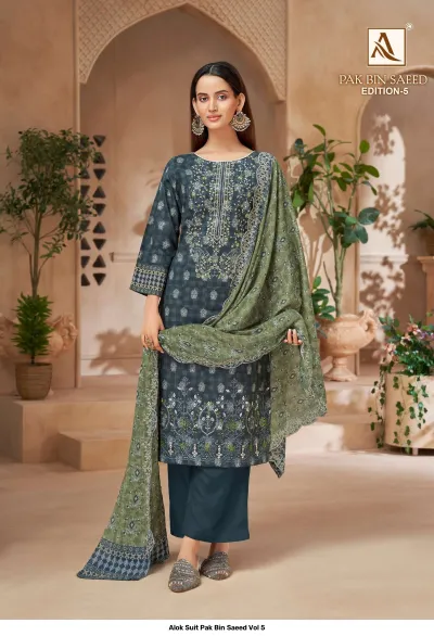Alok Suit Pak Bin Saeed Vol 5 dark grey printed straight cut salwar suit with embroidery and a matching patterned dupatta.
