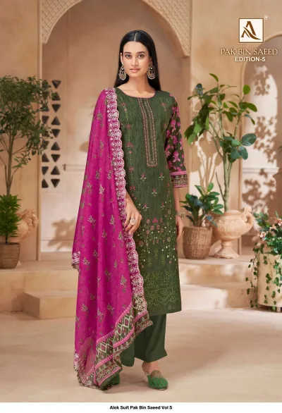 Alok Suit Pak Bin Saeed Vol 5 olive green printed straight cut salwar suit with floral embroidery and a magenta contrast dupatta.