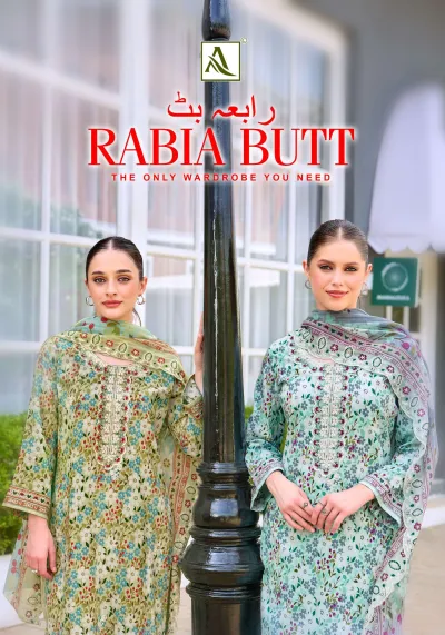 Alok Suit Rabia Butt: Catalog cover featuring two models wearing printed salwar suits with floral patterns and delicate thread work.