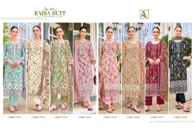Alok Suit Rabia Butt: Catalog collage showing eight different variations of floral printed salwar suits with detailed embroidery.