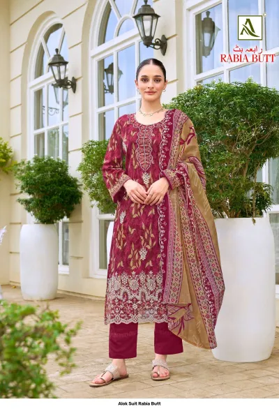 Alok Suit Rabia Butt: Maroon printed salwar suit with all-over floral patterns, styled with a solid maroon trouser and embroidered dupatta.