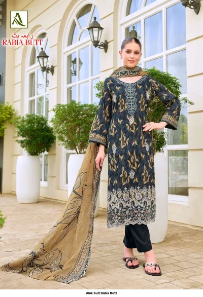 Alok Suit Rabia Butt: Charcoal grey printed salwar suit with floral patterns, featuring detailed thread work and a matching dupatta.