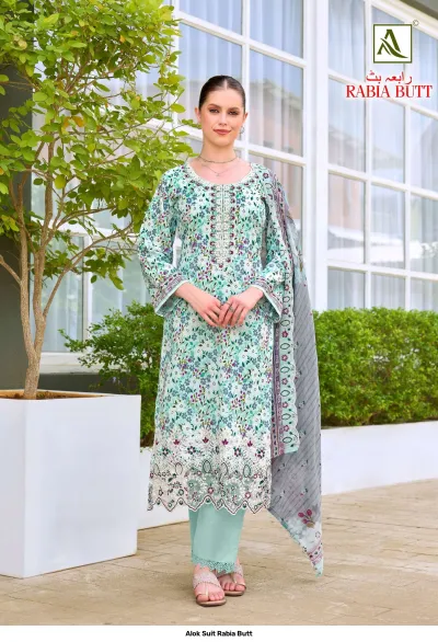 Alok Suit Rabia Butt: Light green printed salwar suit with small floral patterns, featuring white thread work and a coordinating dupatta.