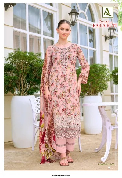 Alok Suit Rabia Butt: Peach-pink printed salwar suit featuring floral patterns and intricate white thread work on the kurti and hem.