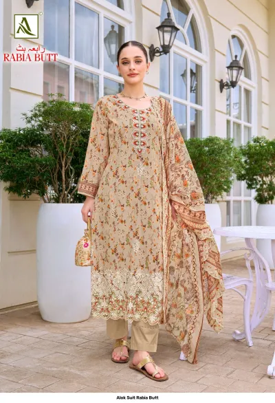 Alok Suit Rabia Butt: Beige printed salwar suit with floral patterns and ornate thread work details on the kurti and dupatta.