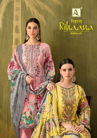 Alok Suit Rihaana Vol 21 catalog collage showing various floral printed salwar suits with thread work embroidery on the necklines.