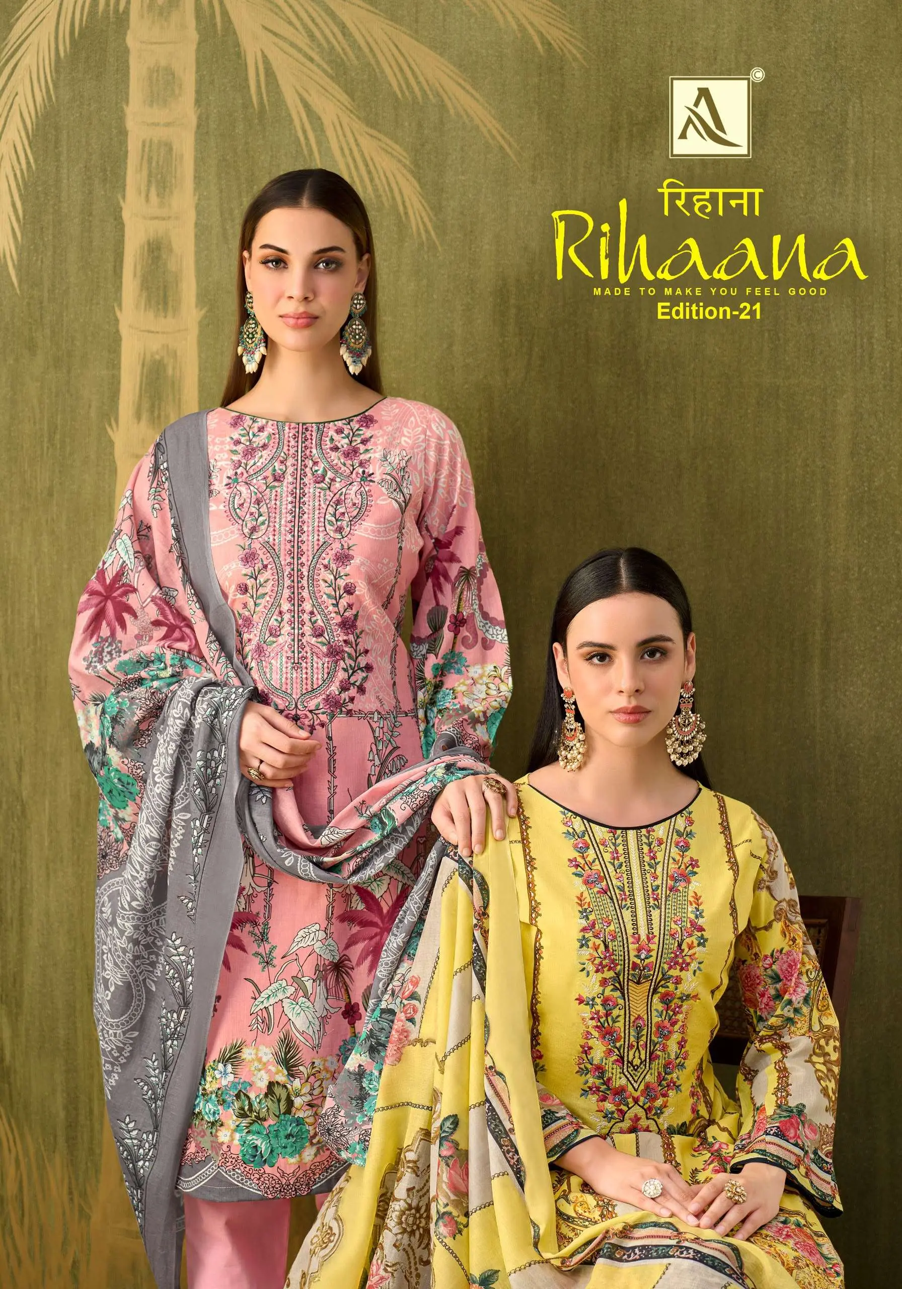 Alok Suit Rihaana Vol 21 catalog collage showing various floral printed salwar suits with thread work embroidery on the necklines.