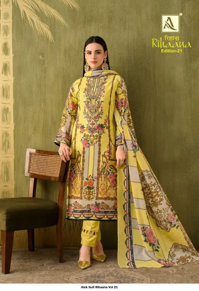 Alok Suit Rihaana Vol 21 yellow salwar suit with floral print, embroidery, and a matching printed dupatta.