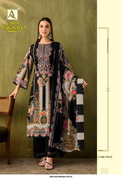Alok Suit Rihaana Vol 21 black salwar suit with floral print, embroidery, and a patterned dupatta.