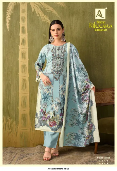 Alok Suit Rihaana Vol 21 light blue salwar suit with floral print, embroidery, and a printed dupatta.