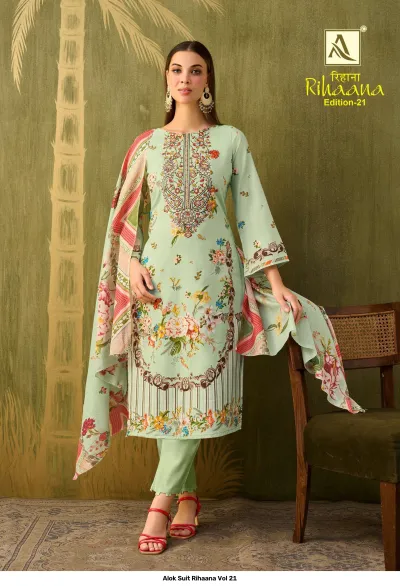 Alok Suit Rihaana Vol 21 light green salwar suit with floral print, embroidery, and a matching printed dupatta.