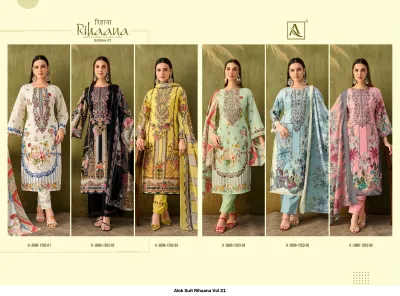 Alok Suit Rihaana Vol 21 catalog collage displaying six different floral printed salwar suits with embroidery details.
