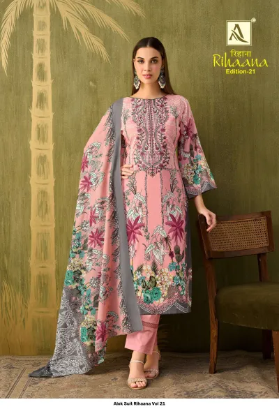 Alok Suit Rihaana Vol 21 pink salwar suit with floral print, embroidery, and a grey border printed dupatta.