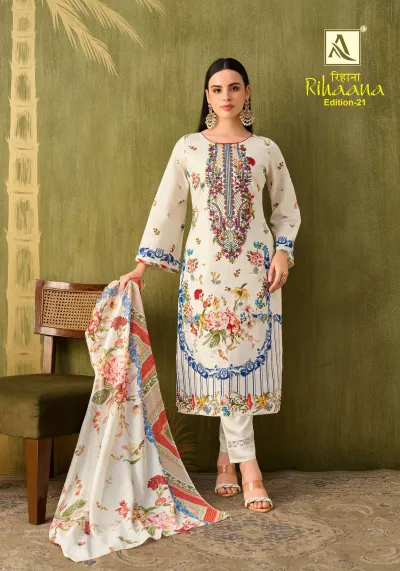 Alok Suit Rihaana Vol 21 white salwar suit with floral print, embroidery, and a colorful printed dupatta.