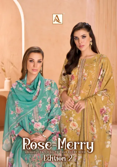 Alok Suit Rose Merry Edition 2: Catalog cover featuring two women wearing floral salwar suits in turquoise and yellow.