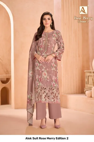 Alok Suit Rose Merry Edition 2: Mauve floral printed salwar suit with straight cut, thread work hem, and matching dupatta.