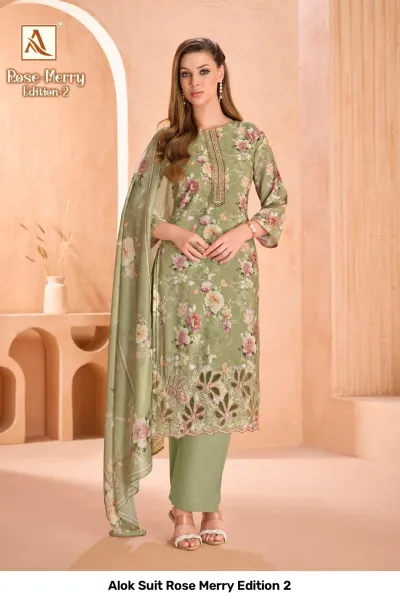 Alok Suit Rose Merry Edition 2: Sage green floral printed salwar suit featuring straight cut, thread work embellishments, and matching dupatta.