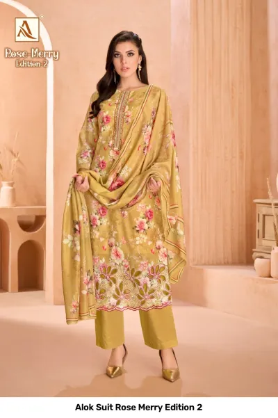 Alok Suit Rose Merry Edition 2: Yellow floral printed salwar suit with straight cut, detailed thread work, and matching dupatta.