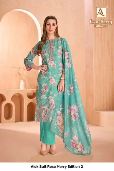 Alok Suit Rose Merry Edition 2: Turquoise floral printed salwar suit with straight cut, thread work embroidery, and matching dupatta.