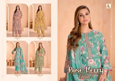 Alok Suit Rose Merry Edition 2: Catalog collage showing four different floral salwar suit designs with associated product codes.