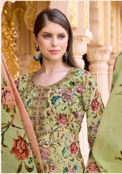 Alok Suit Sabeeka Imam: Olive green floral print kurti with intricate thread work on the neckline and dupatta.