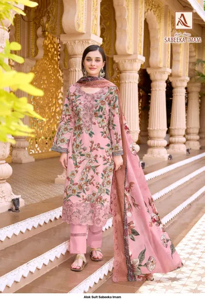 Alok Suit Sabeeka Imam: Pale pink floral print salwar suit with hem embroidery and matching dupatta.