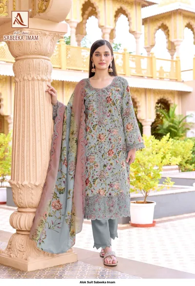 Alok Suit Sabeeka Imam: Grey floral print salwar suit featuring detailed hem embroidery and a printed dupatta.