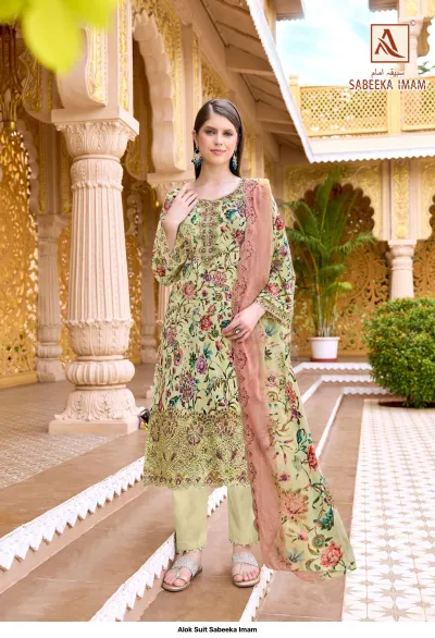 Alok Suit Sabeeka Imam: Olive green floral print salwar suit with heavy thread work on the hem and neckline.