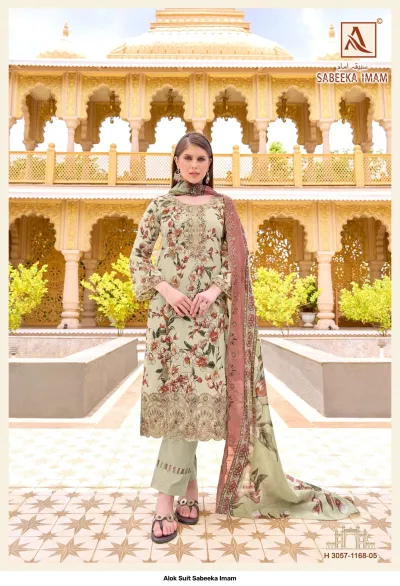 Alok Suit Sabeeka Imam: Sage green floral print salwar suit with detailed hem embroidery and a contrast printed dupatta.