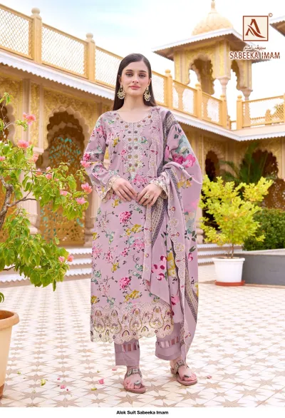 Alok Suit Sabeeka Imam: Lavender floral print salwar suit featuring intricate hem embroidery and a printed dupatta.