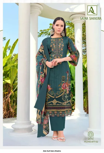 Alok Suit Saira Shakira, dark green salwar suit with floral print, matching dupatta, and detailed thread work embroidery on the chest.