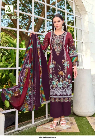 Alok Suit Saira Shakira, deep maroon salwar suit with floral printed dupatta, straight cut design, and elaborate thread work on the neckline.