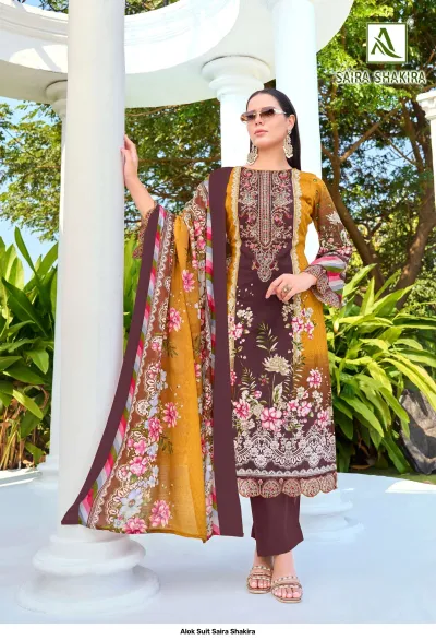Alok Suit Saira Shakira, mustard and brown salwar suit featuring floral print, matching dupatta, and detailed thread work embroidery.