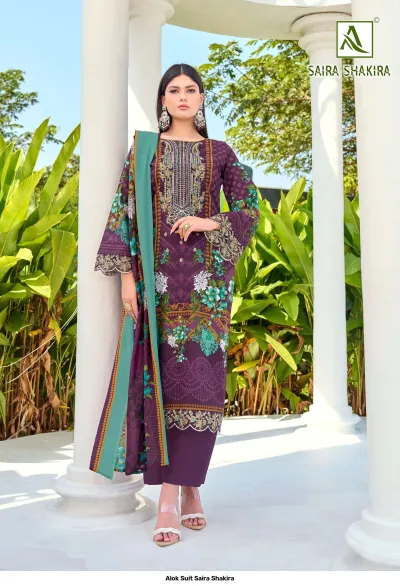 Alok Suit Saira Shakira, purple salwar suit with floral printed dupatta, featuring straight cut design and ornate thread work details.
