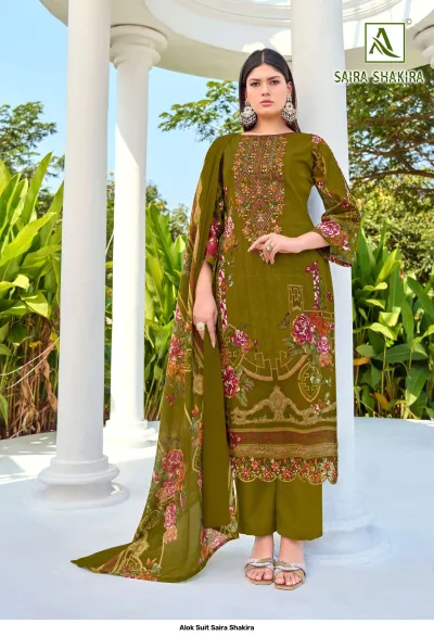Alok Suit Saira Shakira, olive green salwar suit with floral printed dupatta, featuring traditional thread work on the chest area.