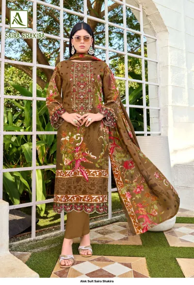 Alok Suit Saira Shakira, brown floral printed salwar suit with matching dupatta, featuring decorative thread work along the neckline and hem.