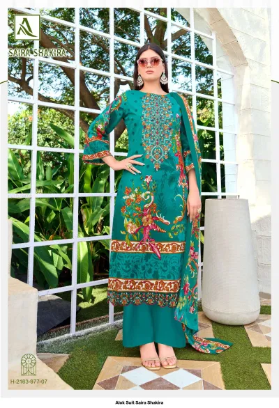 Alok Suit Saira Shakira, teal salwar suit with floral print, matching dupatta, and intricate thread work embroidery on the kurta.