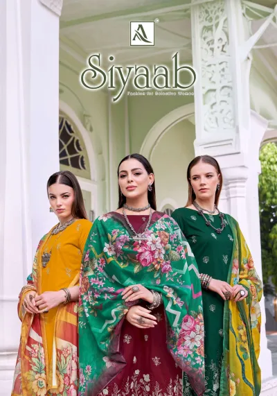 Alok Suit Siyaab: Catalog cover collage featuring models wearing various salwar suits with thread work and floral printed dupattas.