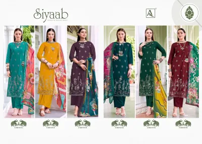 Alok Suit Siyaab: Catalog collage showcasing six distinct salwar suit designs with thread work and printed dupattas.