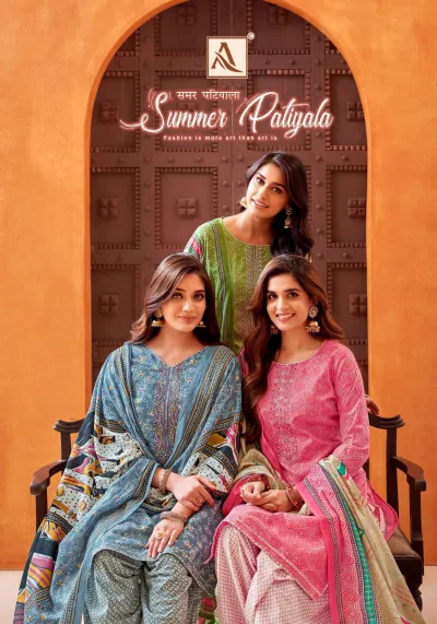Alok Suit Summer Patiyala catalog cover showing models in various printed salwar suits with thread work.