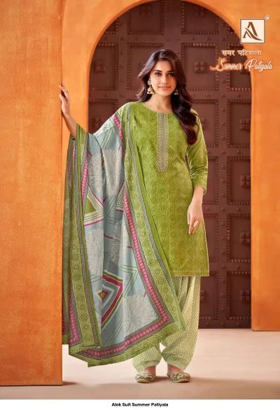 Alok Suit Summer Patiyala green salwar suit featuring all-over geometric print, front thread work, and a patterned contrast dupatta.