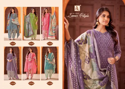 Alok Suit Summer Patiyala catalog collage displaying six different color variations of printed salwar suits.