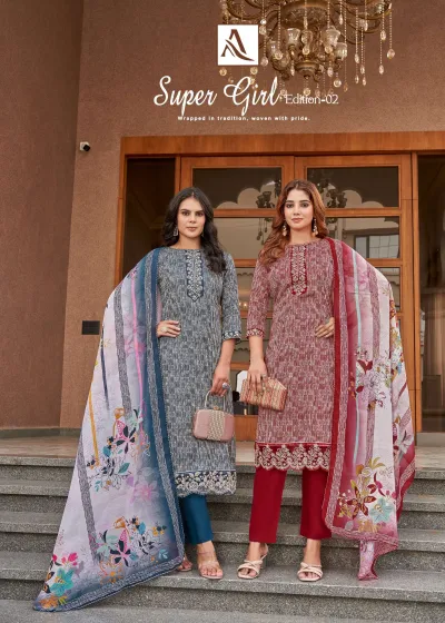Alok Suit Super Girl Vol 2 catalog cover showing two women wearing striped kurtis with floral dupatta and embroidered hemlines.
