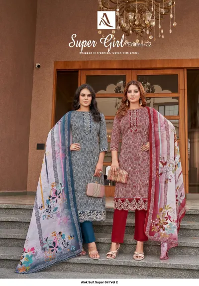 Alok Suit Super Girl Vol 2 catalog cover showing two women wearing striped kurtis with floral dupatta and embroidered hemlines.
