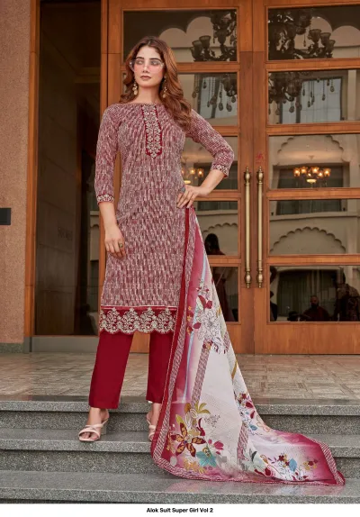 Alok Suit Super Girl Vol 2 burgundy striped kurti with thread work neckline, solid pants, and floral printed dupatta.