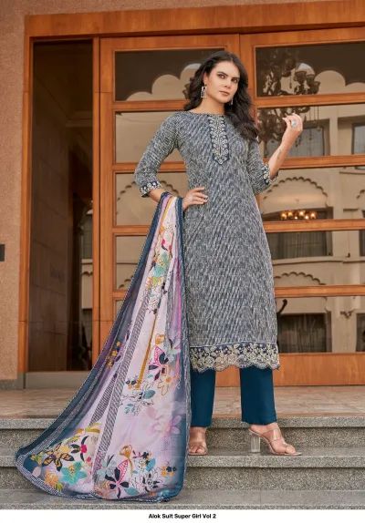 Alok Suit Super Girl Vol 2 blue striped kurti with thread work neckline, solid pants, and floral printed dupatta.