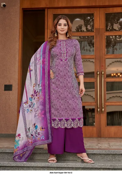 Alok Suit Super Girl Vol 2 purple striped kurti with thread work neckline, wide-leg pants, and floral printed dupatta.
