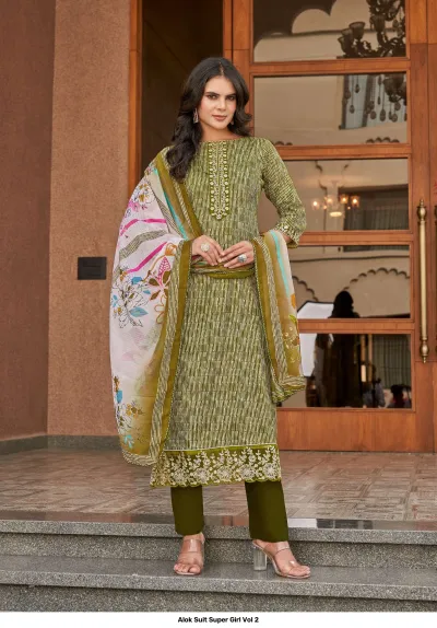 Alok Suit Super Girl Vol 2 olive green striped kurti with thread work neckline, solid pants, and floral printed dupatta.