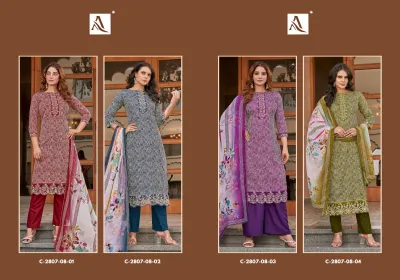 Alok Suit Super Girl Vol 2 catalog collage displaying four variations of striped embroidered salwar suits with floral dupattas.