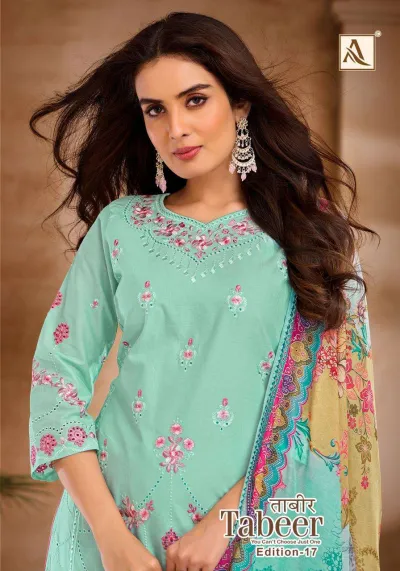 Alok Suit Tabeer Vol 17: Mint green salwar suit with floral thread work, embroidery on neck and sleeves, and a colorful printed dupatta.